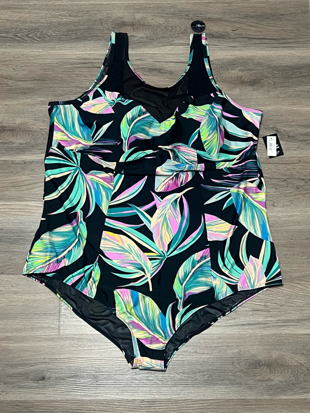 Torrid Active 5 One Piece Swimsuit Wireless Mesh High Neck Leaves Black Plus NWT